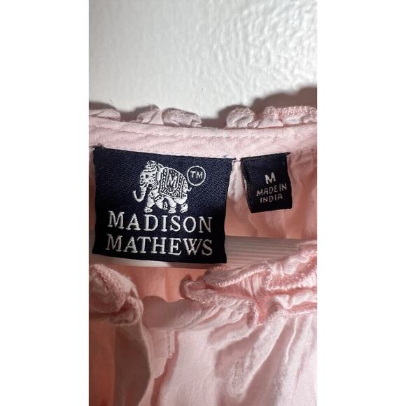 Madison Mathews Size M Cotton Flutter Sleeve Pink Smocked Boxy Button Up Blouse - Picture 6 of 8
